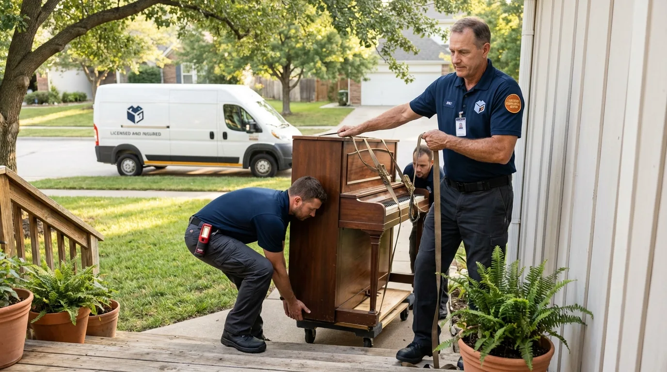 Licensed piano movers securing grand piano in Barneveld, WI