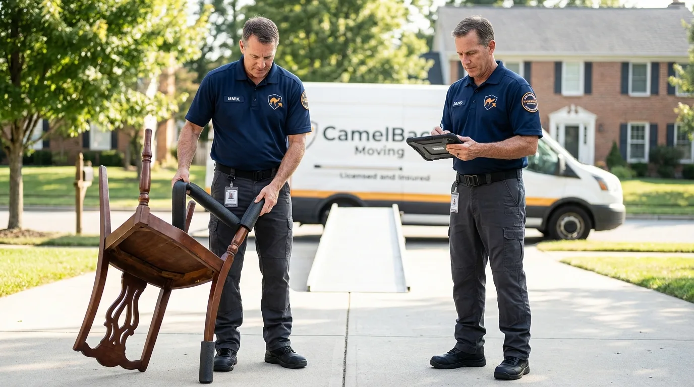 Movers inspecting furniture for damage prevention before loading in Barneveld, WI
