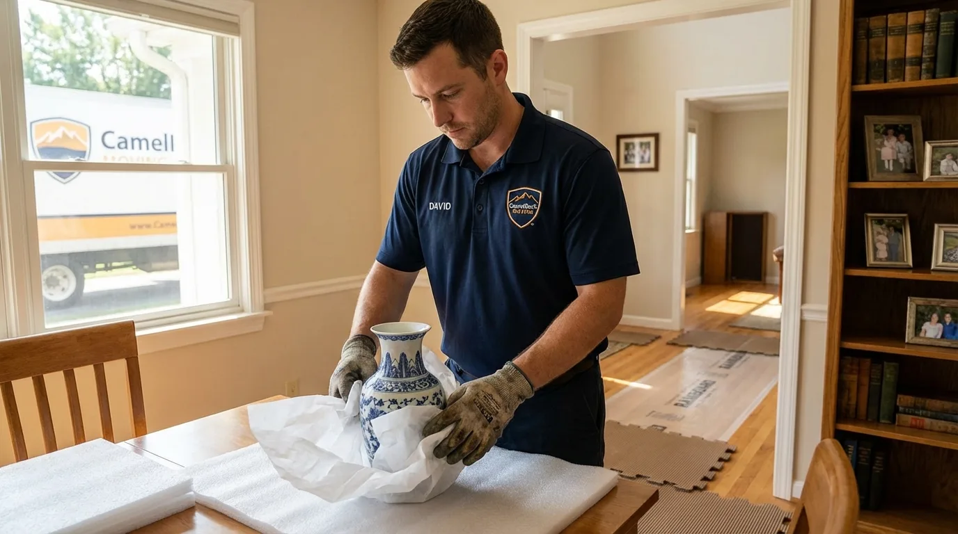 Professional crew carefully wrapping antique vase for senior downsizing move in Barneveld, WI