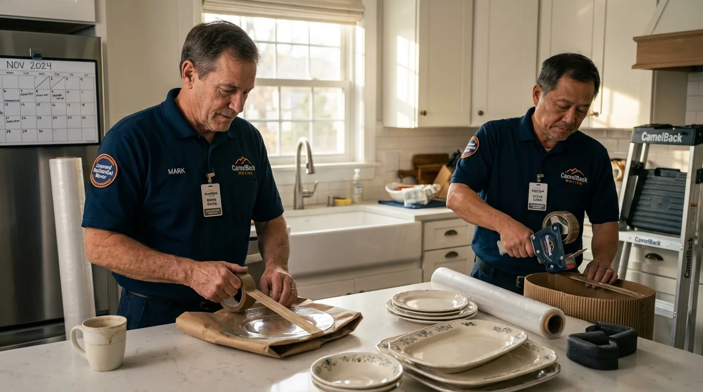 Professional crew packing kitchen dishware in Barneveld, WI
